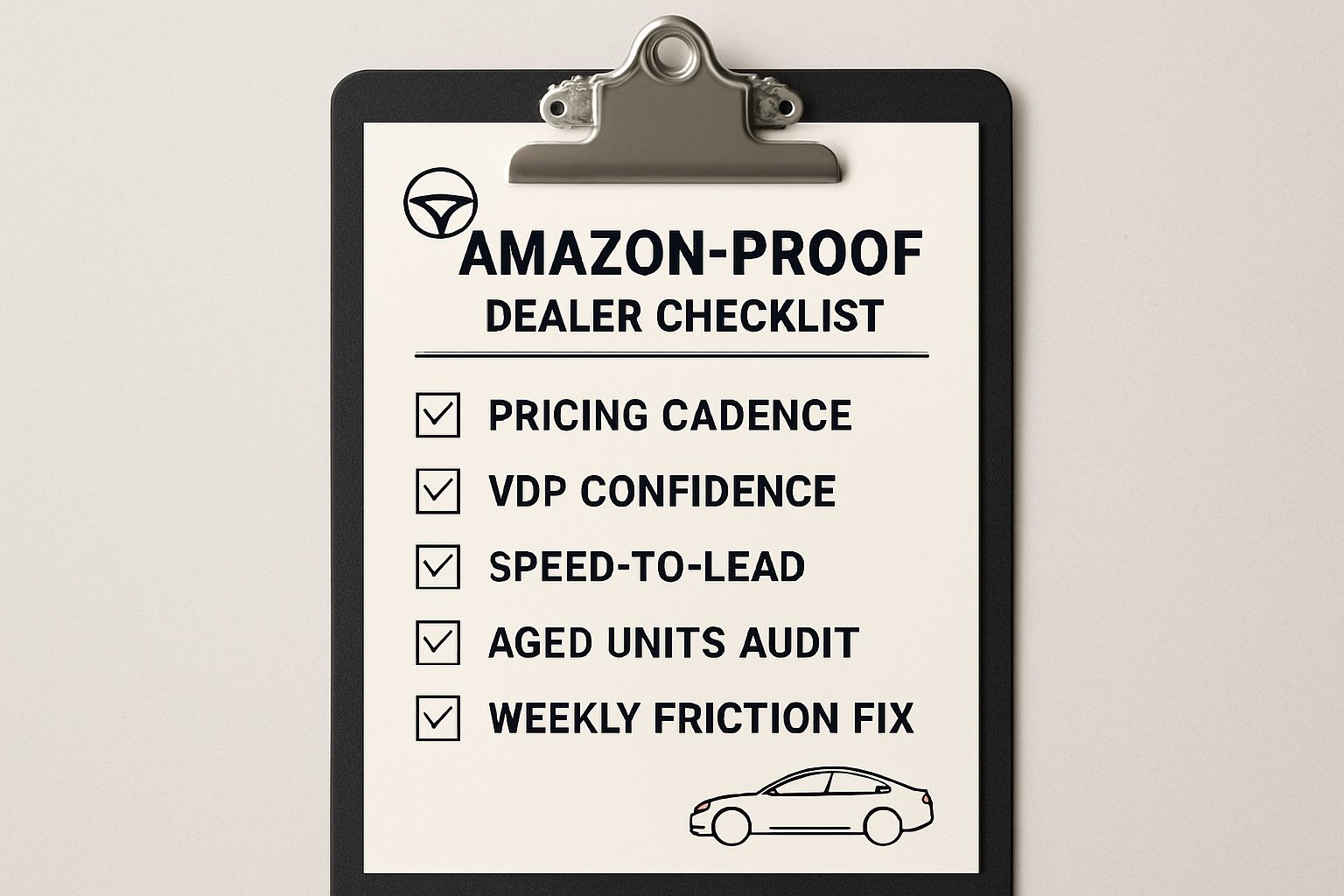 Amazon Autos Update The Dealer Strategy For 2026 A Visual Checklist Titled AmazonProof Dealer Checklist With 5 Short Items Pricing Cadence VDP Confidence Speedtolead Aged Units Audit W 
